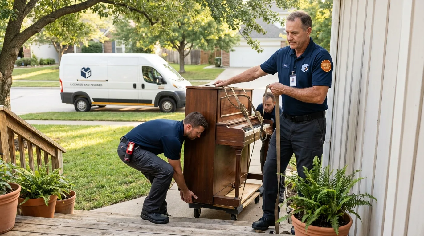 Licensed piano movers securing grand piano in Orland, CA