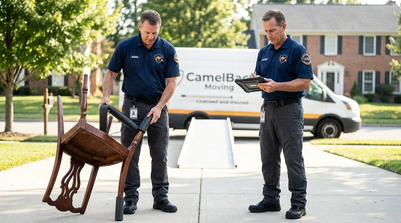Movers inspecting furniture for damage prevention before loading in Orland, CA