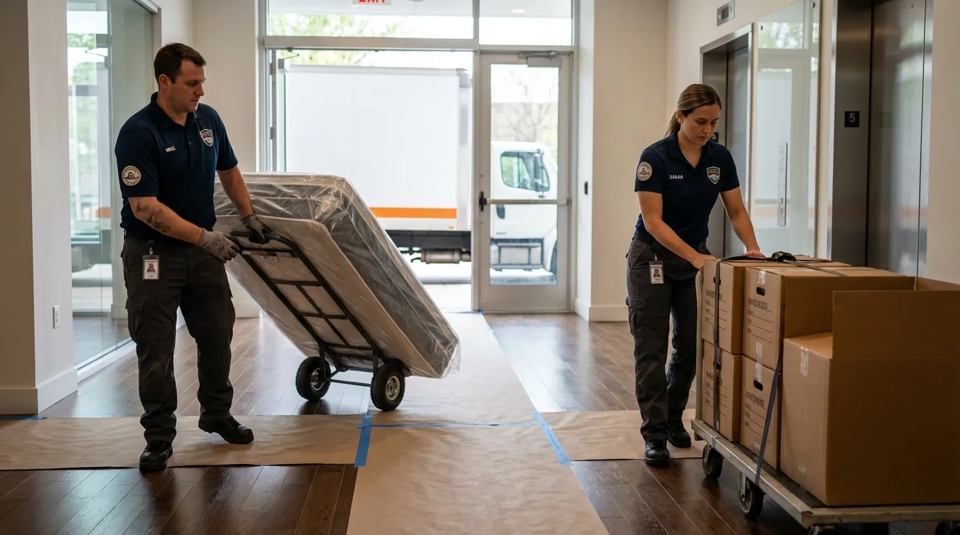 Professional apartment movers loading elevator in Orland, CA